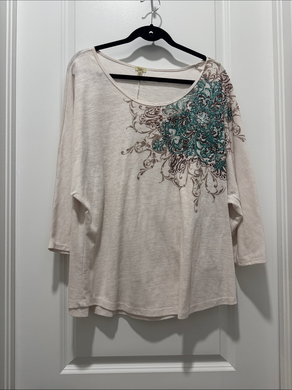 Reba Ivory Long Sleeve Top with Teal Floral Beaded Accent